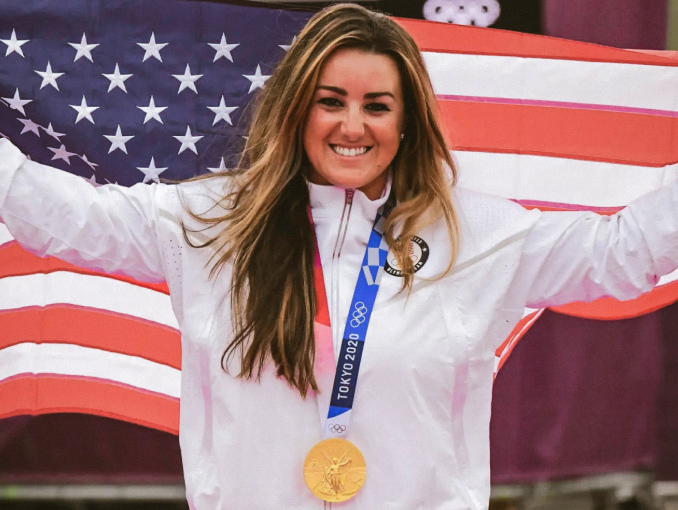 1st Lt. Amber English celebrates taking the gold medal in the women's skeet in the 2020 Summer Olympics